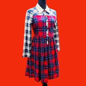 Bonnie Jean Red and Blue Plaid Button-Front Dress with White Collar